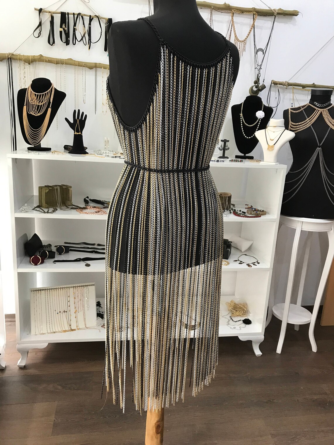 Blacksilvergold Chain Dress Layered Chain Dress Long Dress Etsy