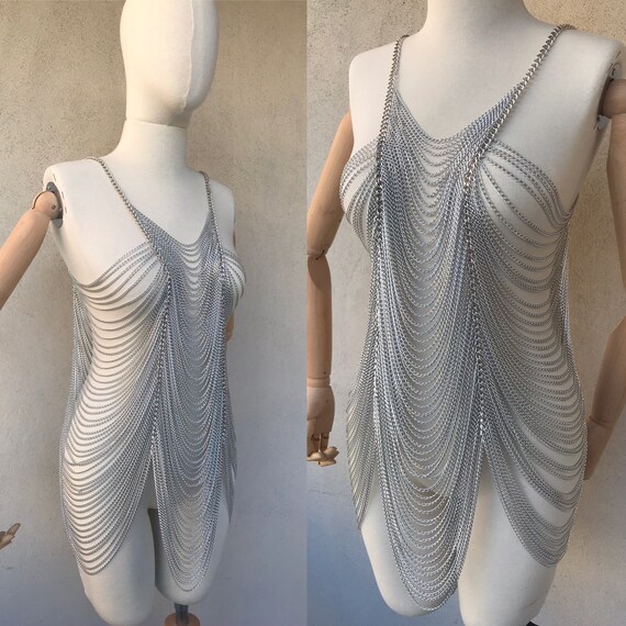 Silver Layered Chain Dress Mini Chain Dress Body Chain Etsy