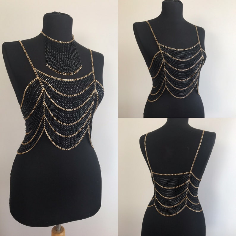 Black & Gold Chain Top With Necklace Bodychain Festival - Etsy