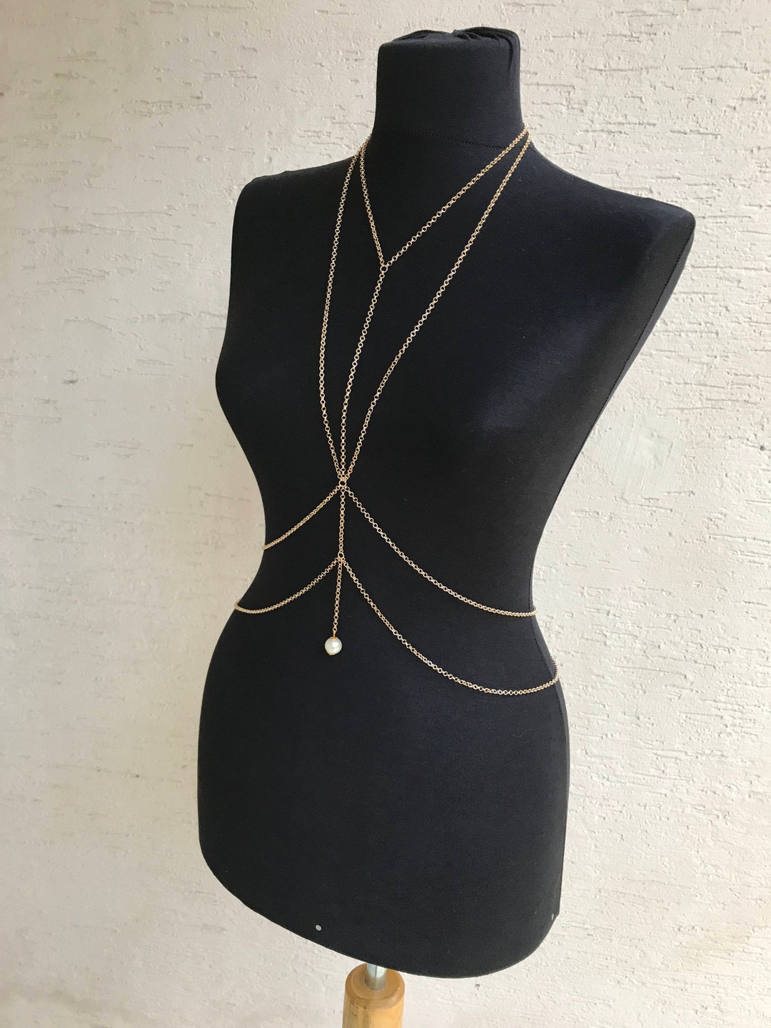 Gold Body Necklace, Body Chain , Pearl Earrings Gift, Body Jewelry