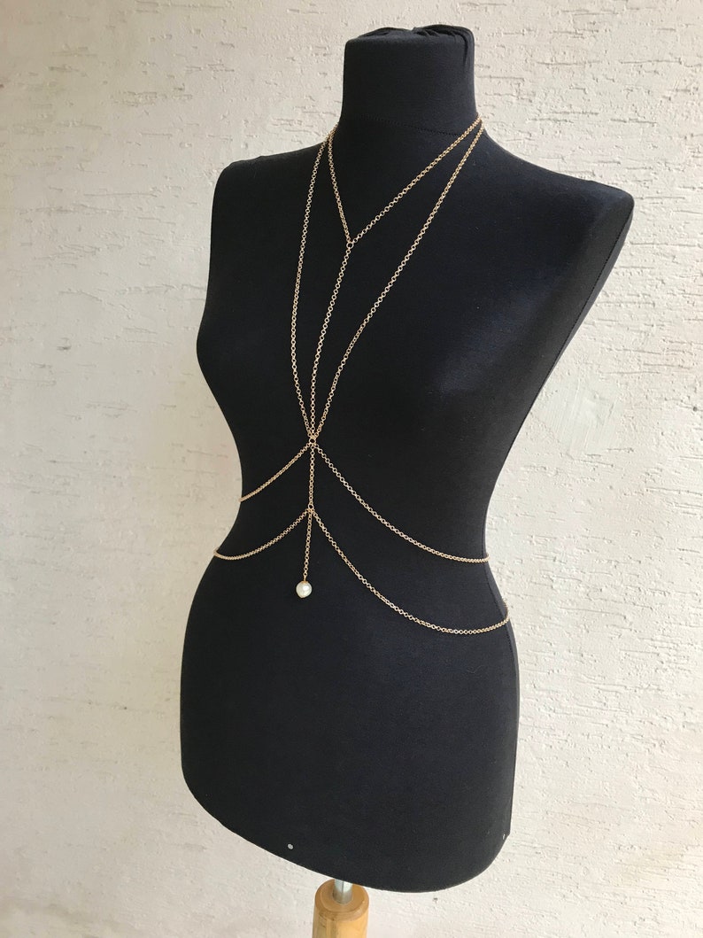 Gold Body Necklace Body Chain Pearl Earrings Gift Body Etsy