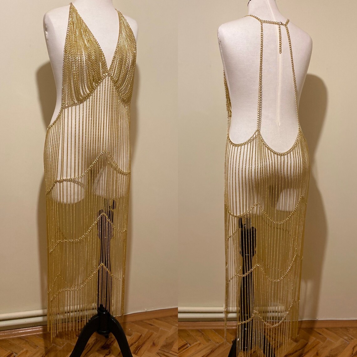 Gold chain dress Silver chain dress Long chain dress Body Etsy