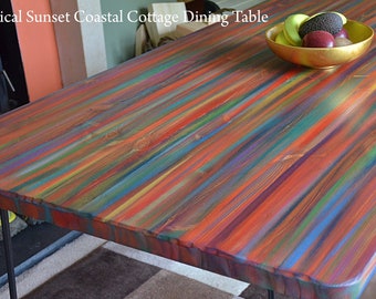 Tropical Sunset Wood Dining Table Hand Painted in our Unique Old Boat Wood Style Finish with Black Metal Hair Pin Legs 140 cm L x 80 cm W