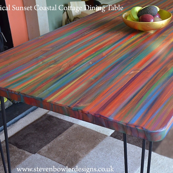 Coastal Dining Table Tropical Sunset Colours Black Metal Hairpin or Tapered Wood Legs Handmade Coastal Cottage Farmhouse Furniture