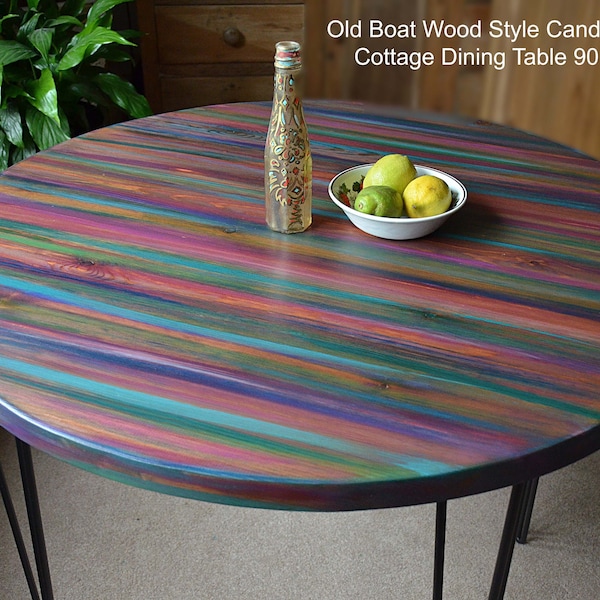 Round Wood Dining Table Hand Painted Unique Multi Coloured Old Boat Wood Style Candy Stripe Colour Scheme 90 cm Black Metal Hair Pin Legs