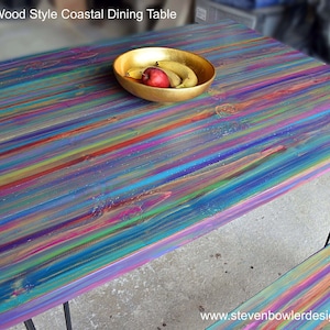 Wood Dining Table Coastal Cottage Candy Stripe Colours Hand Painted Boatwood Style Finish 140 cm x 80 cm Metal Legs or Tapered Wood Legs