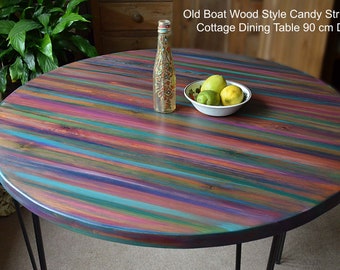 Round Wood Dining Table Hand Painted Unique Multi Coloured Old Boat Wood Style Candy Stripe Colour Scheme 90 cm Black Metal Hair Pin Legs