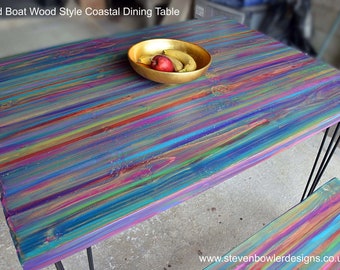 Wood Dining Table Modern Coastal Cottage Candy Stripe Colours Hand Painted Old Boatwood Style Finish 140 cm x 80 cm Black Metal Legs