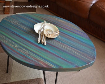 Oval Wood Coastal Coffee Table Handcrafted in our Multi Coloured Contemporary Dark Storm Grey Finish + 16"  Black Metal Hair Pin Legs