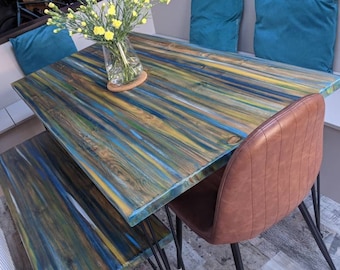 Wood Dining Table Coastal Nautical Harbour Lights Colours Hand Painted Old Boat Wood Style Finish Metal Hair Pin Legs or Wood Legs Available