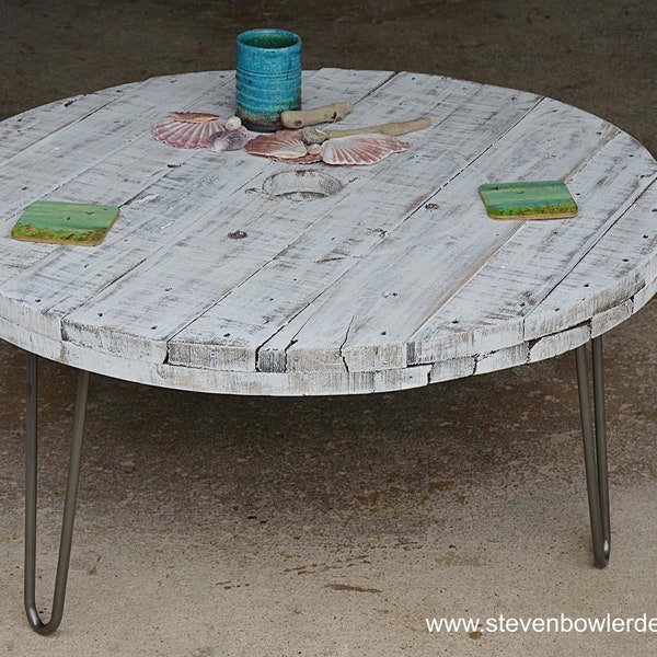 Contemporary Bespoke White Coastal Cottage Round Coffee Table 81 cm x 81 cm Driftwood Effect Finish 3 Bare Steel Hairpin Metal Legs