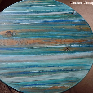 Multi Coloured Old Boat Wood Style Coastal Cottage Coffee Table Ocean Blue Colours 50 cm Diameter 3 Black Metal Hairpin Legs Made to Order