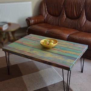 Wood Coffee Table Unique Hand painted Multi Coloured Finish with 16" L Sleek Black Metal Hair Pin Legs Tapered Wood Legs Also Available image 2