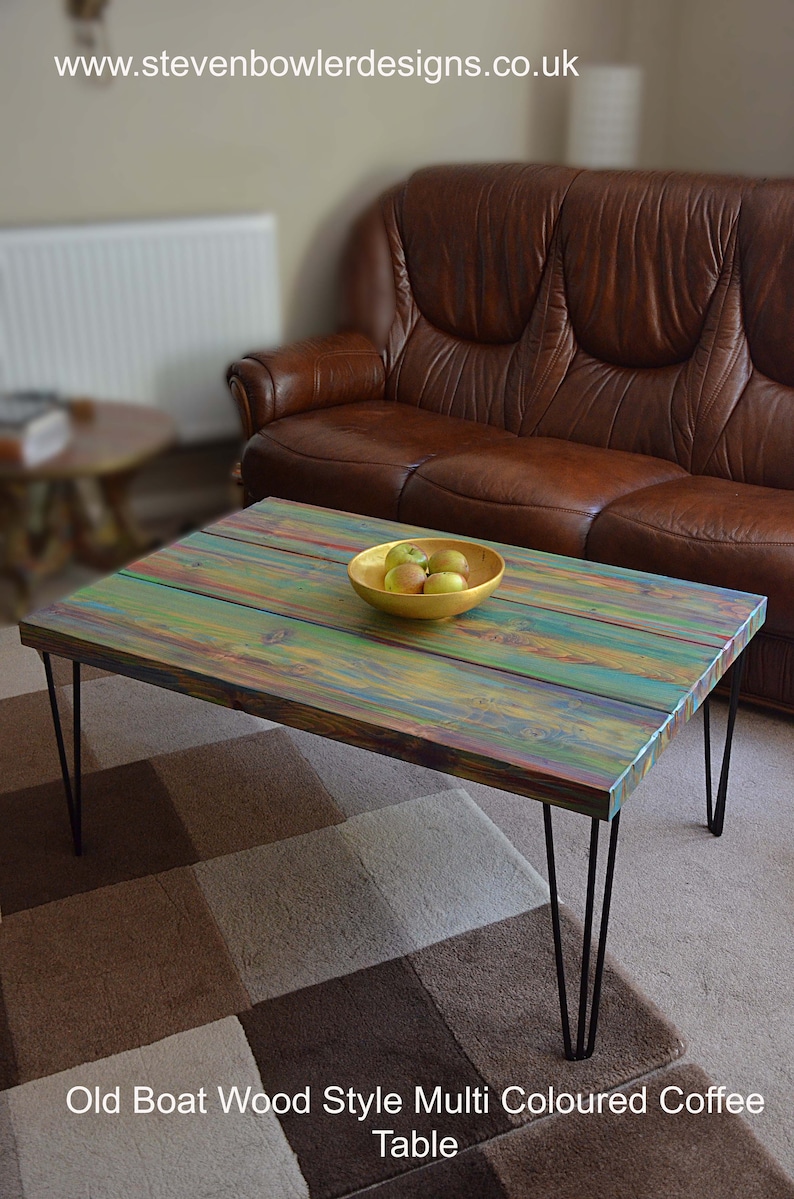 Wood Coffee Table Unique Hand painted Multi Coloured Finish with 16" L Sleek Black Metal Hair Pin Legs Tapered Wood Legs Also Available image 2