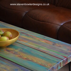 Wood Coffee Table Unique Hand painted Multi Coloured Finish with 16" L Sleek Black Metal Hair Pin Legs Tapered Wood Legs Also Available image 4