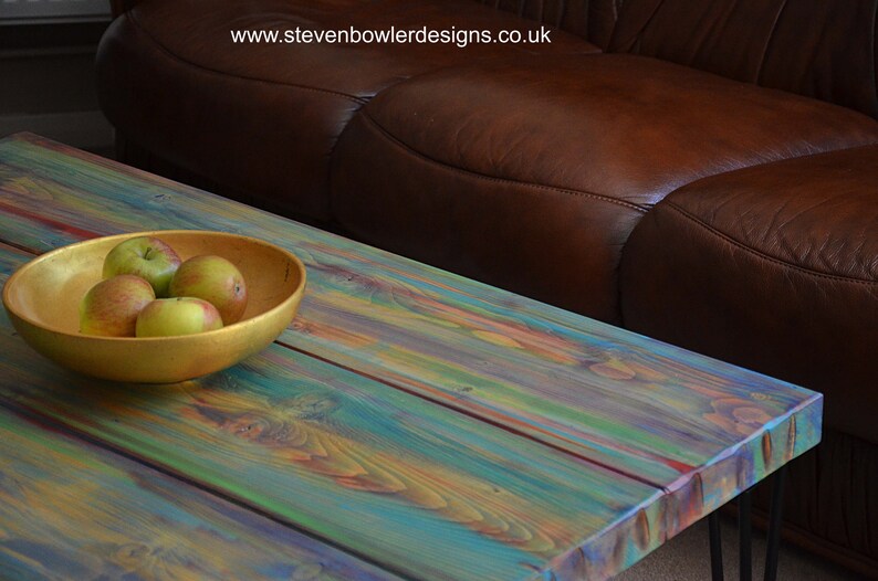 Wood Coffee Table Unique Hand painted Multi Coloured Finish with 16" L Sleek Black Metal Hair Pin Legs Tapered Wood Legs Also Available image 4