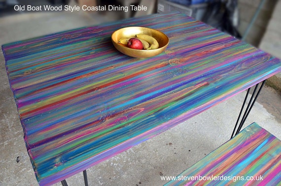 Wood Dining Table Coastal Cottage Candy Stripe Colours Hand Painted Boatwood Style Finish 140 cm x 80 cm Metal Legs also Tapered Wood Legs