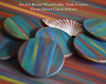6 Round Wood Coffee Table Drinks Coasters Hand Painted with our Unique Nautical Ocean Sunset Colour Scheme Heat and Waterproof IN STOCK