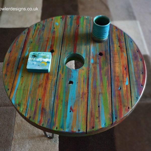 Multi Coloured Old Boat Wood Style Spool Coastal Coffee Table 61 cm x 61 cm Diameter + 3 Sleek Silver Grey Metal Hairpin Legs Made to Order