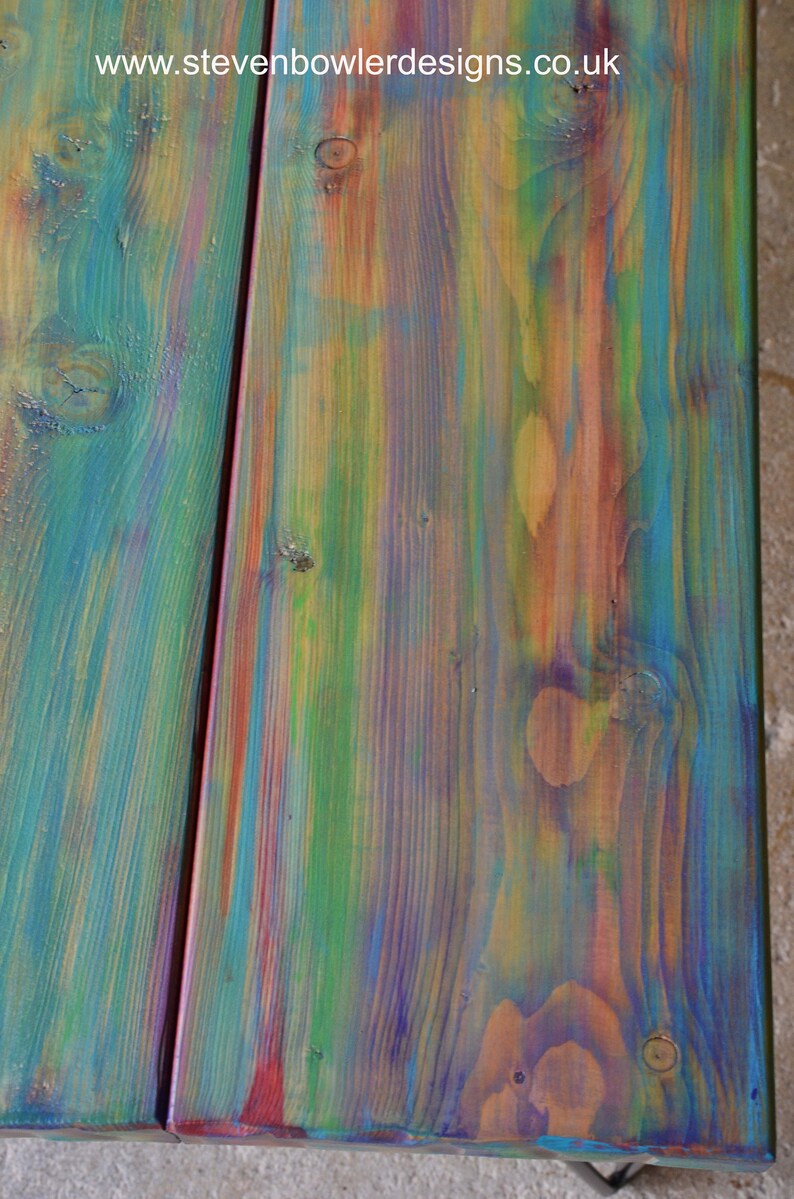 Wood Coffee Table Unique Hand painted Multi Coloured Finish with 16" L Sleek Black Metal Hair Pin Legs Tapered Wood Legs Also Available image 5