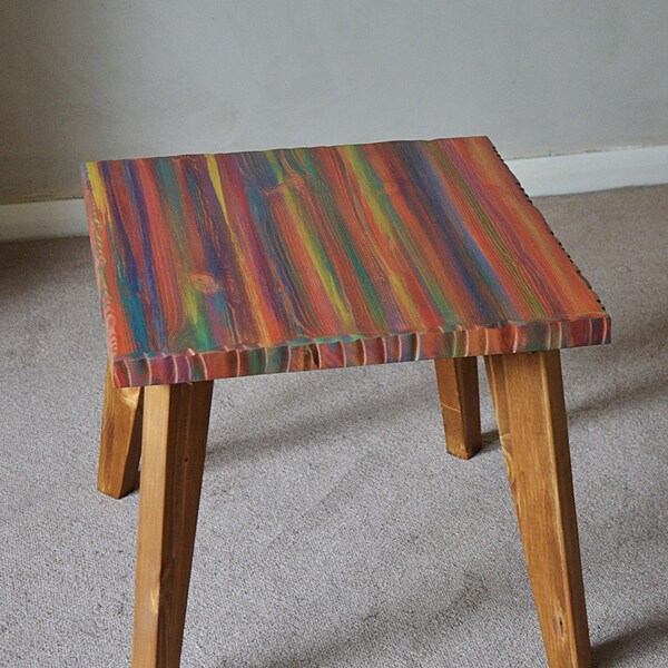 Square Wood Coastal Coffee Side Table Hand Painted Tropical Sunset Multi Coloured Finish supplied with 16" Solid Wood Medium Oak Stain Legs