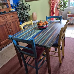 May include: A dining table with a colorful striped top and four chairs. The chairs are painted in blue and yellow, with red seat cushions. A bowl of oranges sits on the table. The room has a warm, inviting atmosphere.