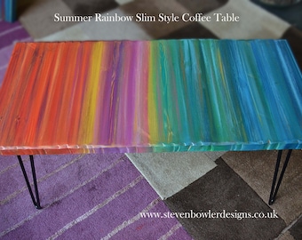 Slim Space Saving Wood Coffee Table Summer Rainbow Colours Decorative Coastal Edging with 16" Black Metal Hair Pin Legs One Left in Stock