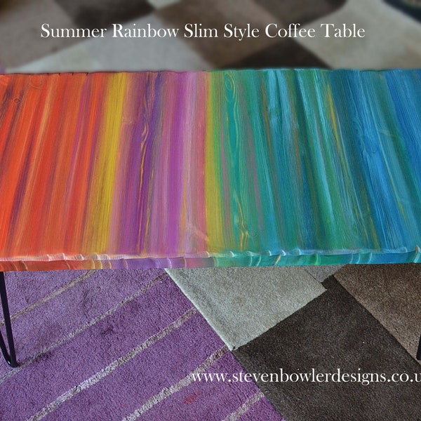 Slim Space Saving Wood Coffee Table Summer Rainbow Colours Decorative Coastal Edging with 16" Black Metal Hair Pin Legs One Left in Stock
