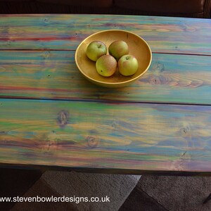 Wood Coffee Table Unique Hand painted Multi Coloured Finish with 16" L Sleek Black Metal Hair Pin Legs Tapered Wood Legs Also Available image 1