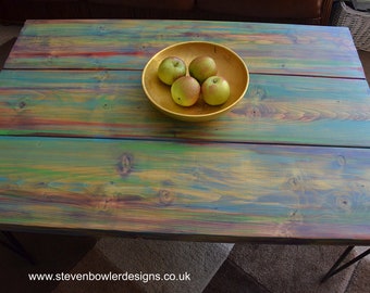 Wood Coffee Table Unique Hand painted Multi Coloured Finish with 16" L Sleek Black Metal Hair Pin Legs Tapered Wood Legs Also Available