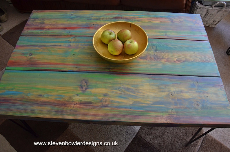 Wood Coffee Table Unique Hand painted Multi Coloured Finish with 16" L Sleek Black Metal Hair Pin Legs Tapered Wood Legs Also Available image 1