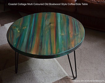 Multi Coloured Old Boat Wood Style Nautical Coastal Coffee Table 60 cm Diameter with 3 Sleek 16" Black Metal Hairpin Legs Made to Order