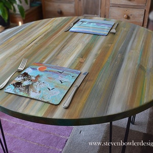 Round Wood Dining Table Bespoke Coastal Cottage Sandy Cove Colour Scheme Muted Pastel Shades and Supplied with Black Metal Hair Pin Legs