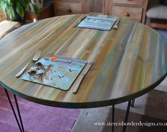 Round Wood Dining Table Bespoke Coastal Cottage Sandy Cove Colour Scheme Muted Pastel Shades and Supplied with Black Metal Hair Pin Legs