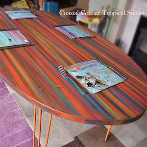 OVAL Tropical Sunset Coastal Cottage Old Boat Wood Style Wood Dining Table 160 cm L x 89 cm W x 75 cm H  with Orange Metal Hairpin Legs
