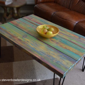 Wood Coffee Table Unique Hand painted Multi Coloured Finish with 16" L Sleek Black Metal Hair Pin Legs Tapered Wood Legs Also Available image 3
