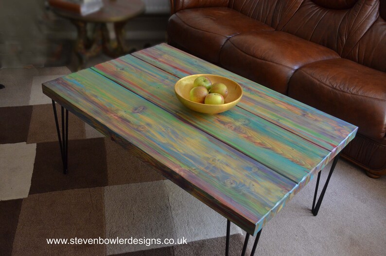 Wood Coffee Table Unique Hand painted Multi Coloured Finish with 16" L Sleek Black Metal Hair Pin Legs Tapered Wood Legs Also Available image 3