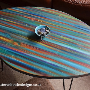 Oval Coffee Table Hand painted Ocean Sunset Colours Unique Wood Art One of A Kind Coastal Furniture with Hair Pin or Tapered Wood Legs