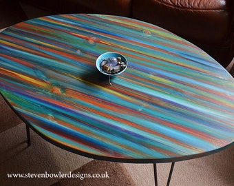 Ocean Sunset Oval Shape Wood Coffee Table Hand painted in our Unique Nautical Art Work with 16" Black Metal Hair Pin or Tapered Wood Legs