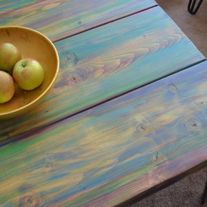 Wood Coffee Table Unique Hand painted Multi Coloured Finish with 16" L Sleek Black Metal Hair Pin Legs Tapered Wood Legs Also Available image 7