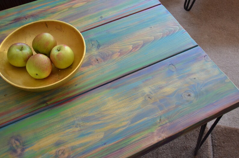 Wood Coffee Table Unique Hand painted Multi Coloured Finish with 16" L Sleek Black Metal Hair Pin Legs Tapered Wood Legs Also Available image 7