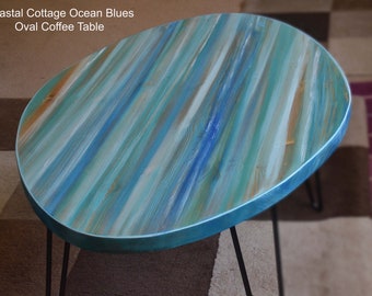 Ocean Blues Oval Wood Coffee Table Coastal Cottage Hand painted Old Boat Wood Style Finish 100 cm x 66 cm 16" Black Metal Hair Pin Legs