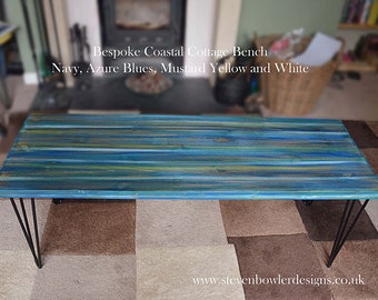 Wooden Coastal Cottage Bench 120 cm L Hand painted in our Unique Coastal Cottage  Harbour Lights Colours with Black Metal Hair Pin Legs