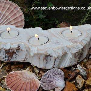 Bespoke Chunky Reclaimed Wood White Coastal Cottage Tealight Holder Driftwood Effect Finish With Decorative Edging Made to Order