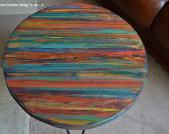 Round Wood Coffee Table Tropical Sunset Coastal Cottage Hand Painted Contemporary Multi Coloured Finish 3 x 16" Black Metal Hair Pin Legs