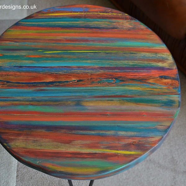 Round Wood Coffee Table Tropical Sunset Coastal Cottage Hand Painted Contemporary Multi Coloured Finish 3 x 16" Black Metal Hair Pin Legs
