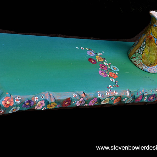 Contemporary Cottage Core Decorative Floating Shelf Hand Painted Flowers, Jade Green Copper Highlights Crystal Display Special Treasures