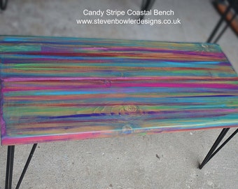 Hand Painted Wooden Bench Candy Stripe Coastal Cottage Distressed Nautical Seating Black Metal Legs 16 Inch