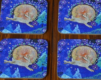 Celtic Hare & Harvest Moon Set of 4 Coffee Table Coasters Printed with our Unique Artwork Heat Proof and Water Resistant