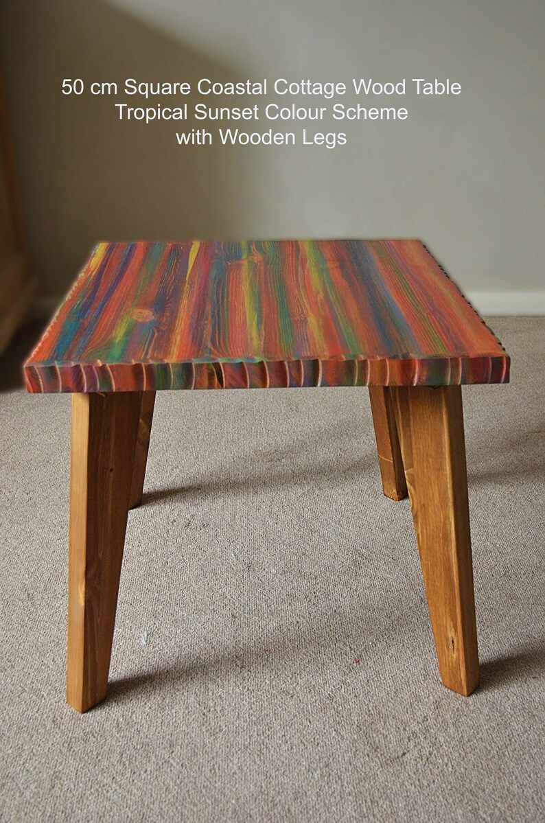 Wood Coffee Table Unique Hand painted Multi Coloured Finish with 16" L Sleek Black Metal Hair Pin Legs Tapered Wood Legs Also Available image 8